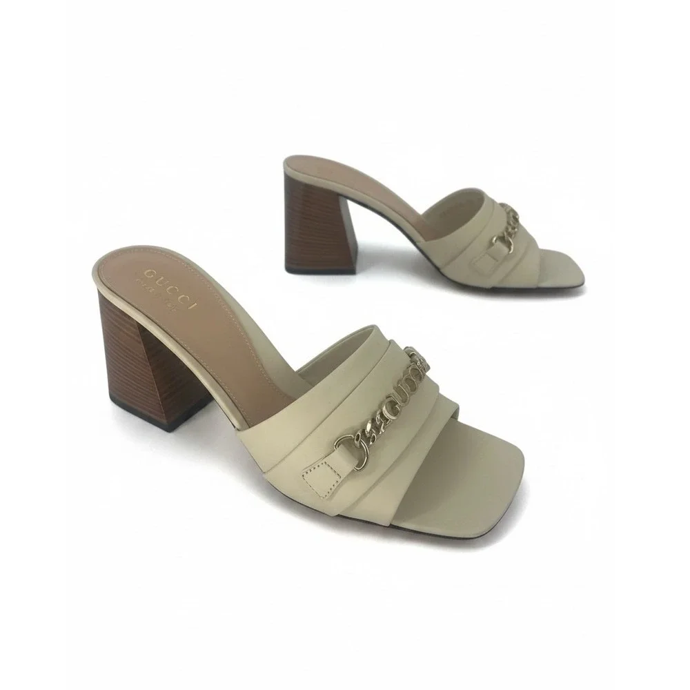Gucci Signoria Slide Sandals White Leather Chain Heels Size 38